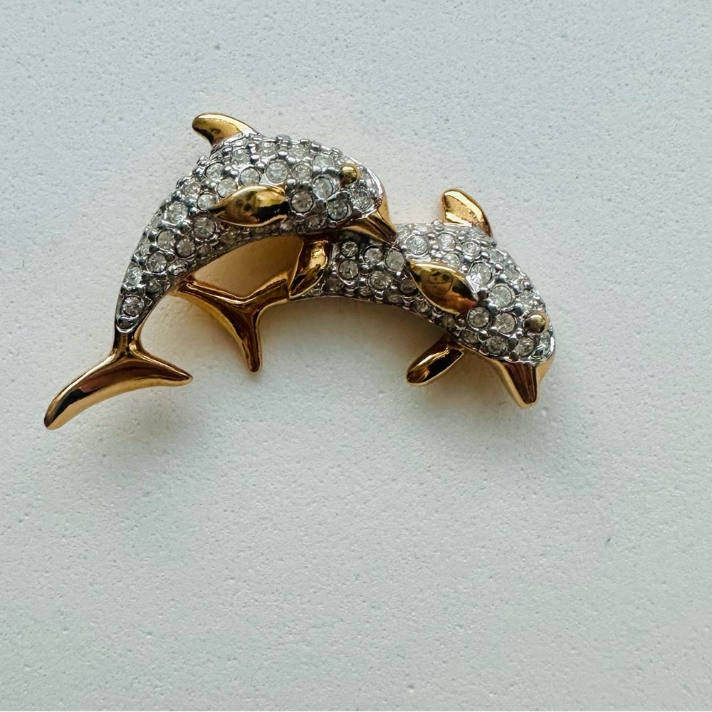 Swarovski Crystal Pave Swimming Gold & Silver Dolphins Gold-tone 1” Pin Brooch